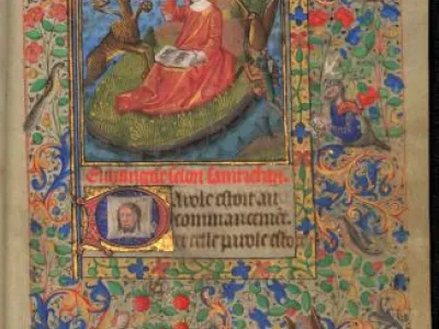 Ukázka folia zdigitalizovaného rukopisu – Národní knihovna ČR, Osek 70, f. 13v – Horae, orationes, Francie, 2. pol. 15. století, Sv. Jan Evangelista na ostrově Pathmos, v iniciále veraikon Ukázka folia zdigitalizovaného rukopisu – Národní knihovna ČR, Osek 70, f. 13v – Horae, orationes, Francie, 2. pol. 15. století, Sv. Jan Evangelista na ostrově Pathmos, v iniciále veraikon