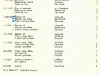 Rozvrh hodin knihovnického kurzu - rok 1976