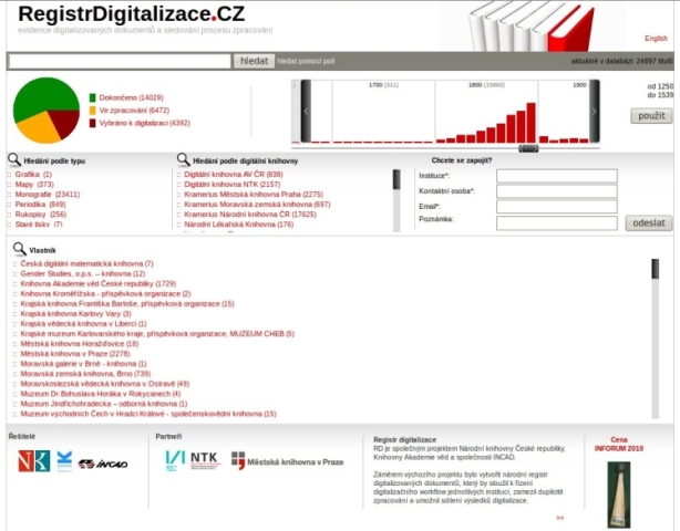 Úvodní obrazovka Registru digitalizace